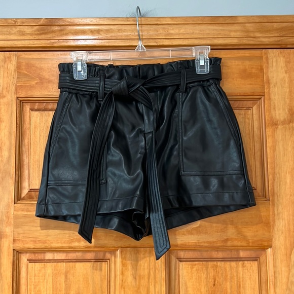 Chocolate Pants - Black Faux Leather Belted Shorts